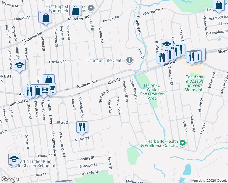 map of restaurants, bars, coffee shops, grocery stores, and more near 53 Sunridge Drive in Springfield