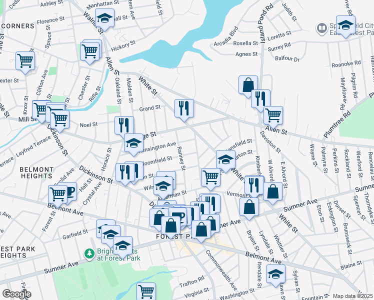 map of restaurants, bars, coffee shops, grocery stores, and more near 54-56 Pasadena Street in Springfield