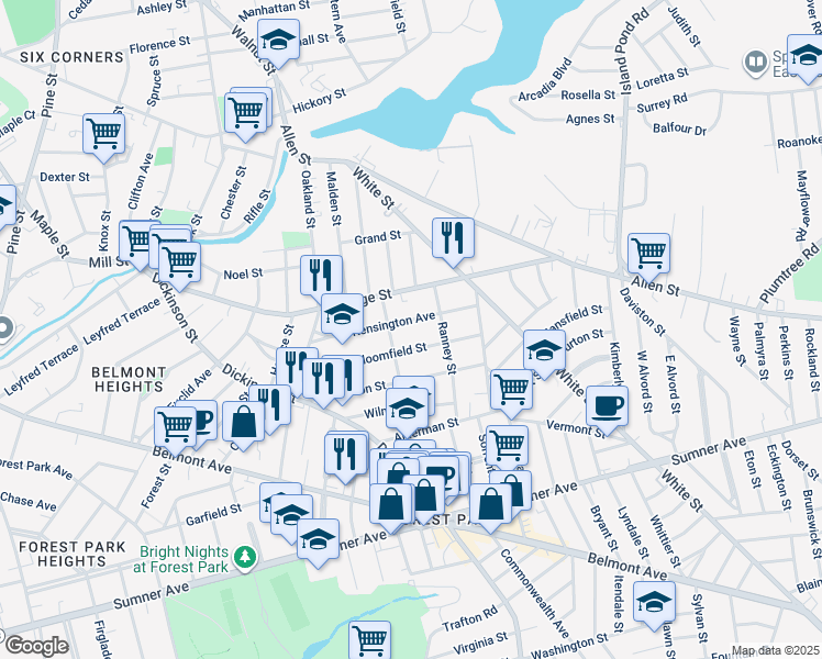 map of restaurants, bars, coffee shops, grocery stores, and more near 43-45 Earl Street in Springfield