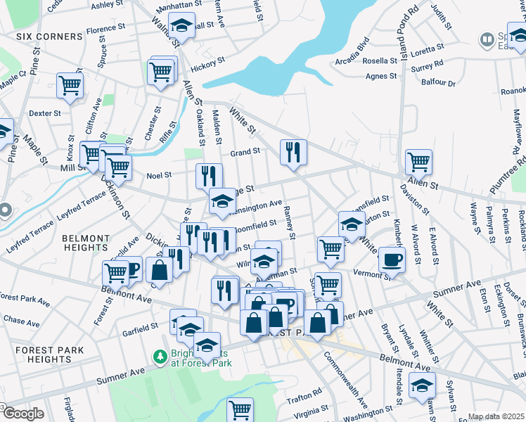 map of restaurants, bars, coffee shops, grocery stores, and more near 43 Earl Street in Springfield