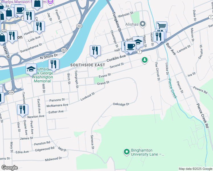 map of restaurants, bars, coffee shops, grocery stores, and more near 6 Lookout St in Binghamton