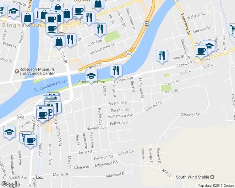 map of restaurants, bars, coffee shops, grocery stores, and more near 8 Carlton Street in Binghamton