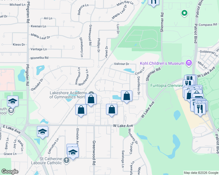 map of restaurants, bars, coffee shops, grocery stores, and more near 935 Buccaneer Dr N in Glenview