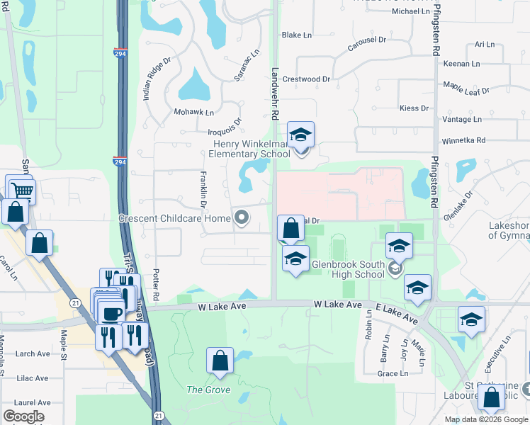 map of restaurants, bars, coffee shops, grocery stores, and more near 3231 Pleasant Run in Northbrook
