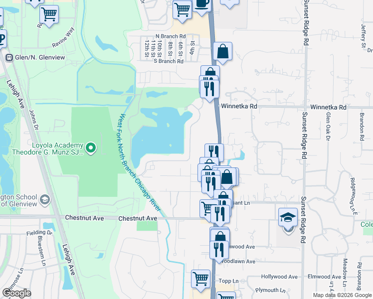map of restaurants, bars, coffee shops, grocery stores, and more near 2064 Valley Lo Lane in Glenview