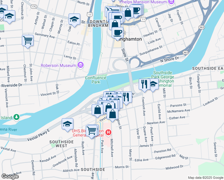 map of restaurants, bars, coffee shops, grocery stores, and more near 3 Conklin Avenue in Binghamton