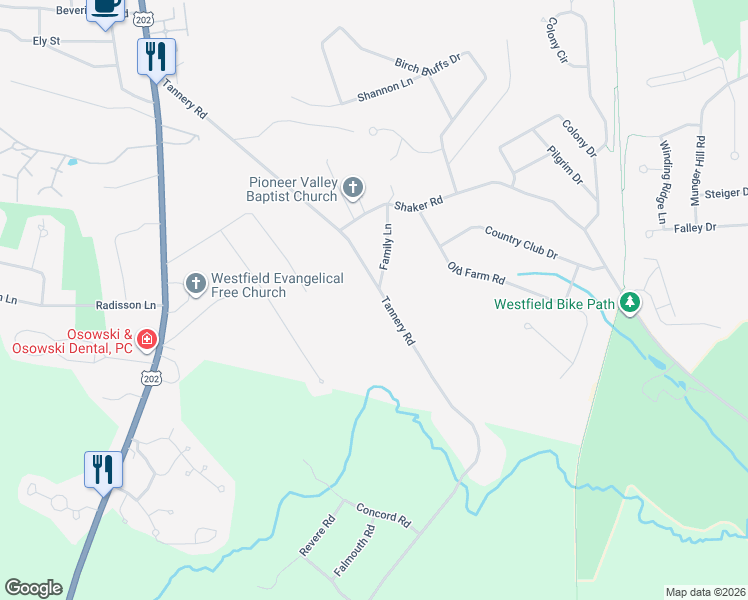 map of restaurants, bars, coffee shops, grocery stores, and more near 147 Tannery Road in Westfield