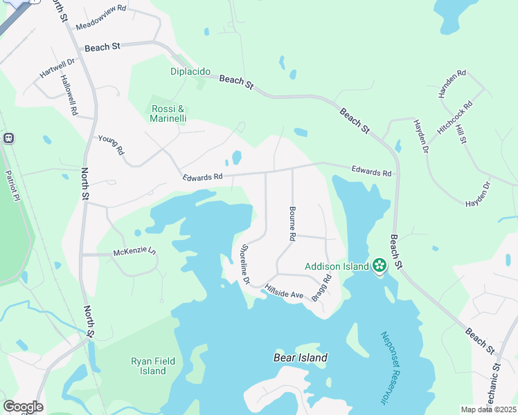 map of restaurants, bars, coffee shops, grocery stores, and more near 11 Shoreline Drive in Foxborough