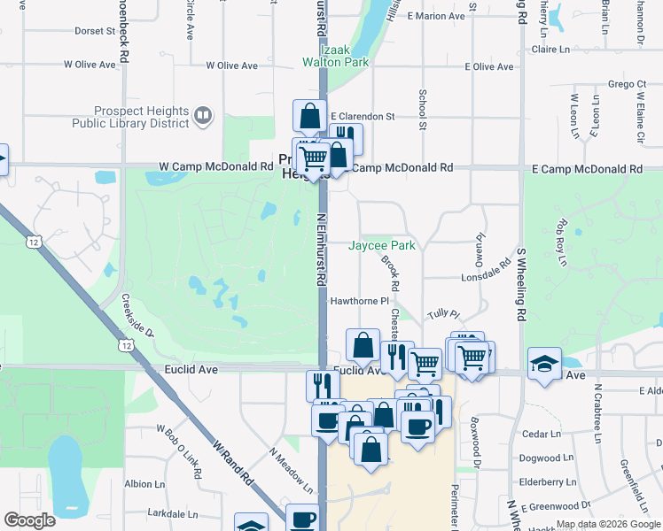 map of restaurants, bars, coffee shops, grocery stores, and more near 105 Illinois 83 in Prospect Heights
