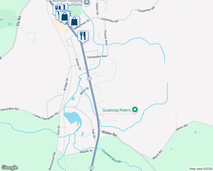 map of restaurants, bars, coffee shops, grocery stores, and more near 17 Reynolds Ave in Monson