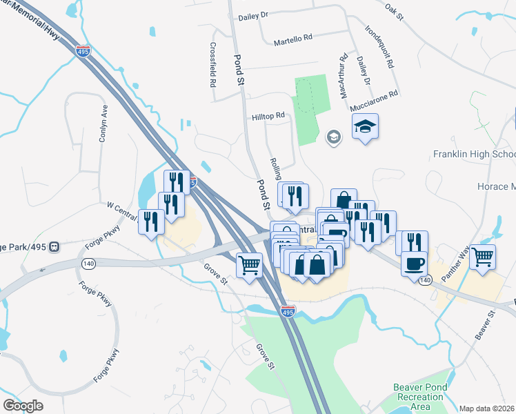 map of restaurants, bars, coffee shops, grocery stores, and more near 38 Pond Street in Franklin