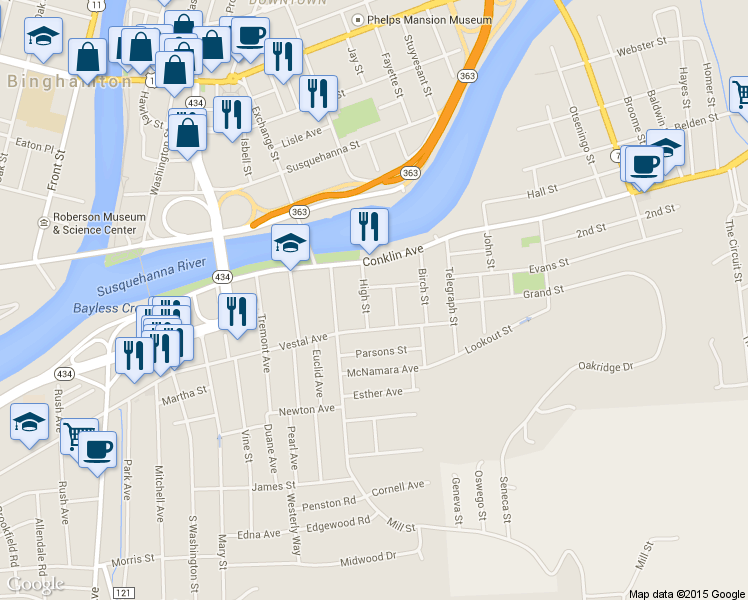 map of restaurants, bars, coffee shops, grocery stores, and more near 13 High Street in Binghamton