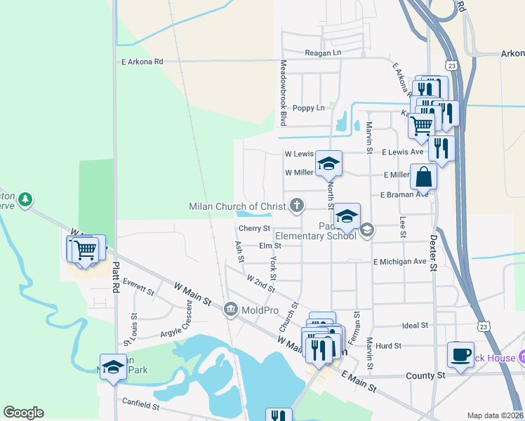map of restaurants, bars, coffee shops, grocery stores, and more near 801 Primrose Lane in Milan