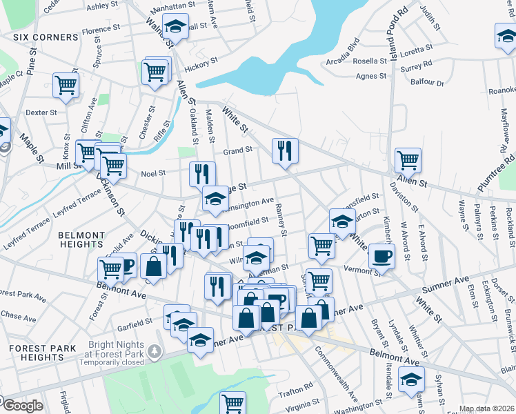 map of restaurants, bars, coffee shops, grocery stores, and more near 107 Kensington Avenue in Springfield