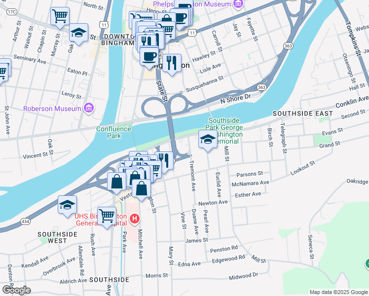 map of restaurants, bars, coffee shops, grocery stores, and more near 26 Conklin Avenue in Binghamton