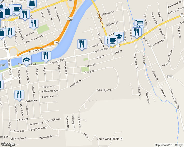 map of restaurants, bars, coffee shops, grocery stores, and more near 6 Lookout Street in Binghamton