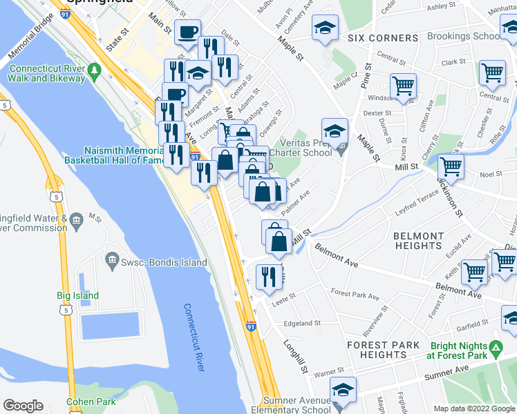 map of restaurants, bars, coffee shops, grocery stores, and more near 1 Acushnet Avenue in Springfield