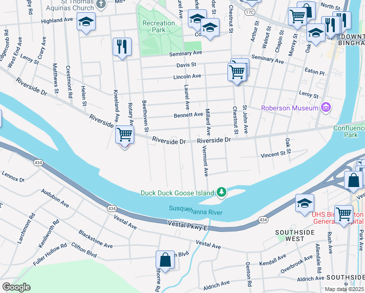 map of restaurants, bars, coffee shops, grocery stores, and more near 34 Avon Road in Binghamton