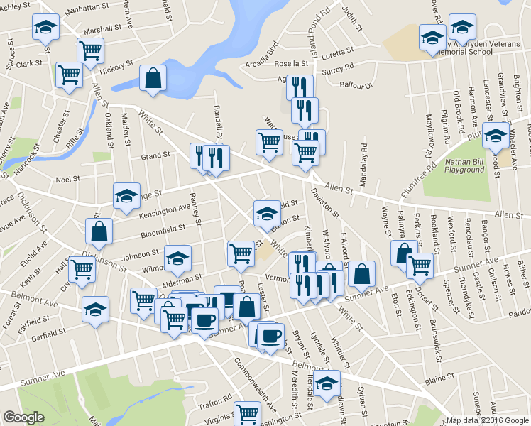 map of restaurants, bars, coffee shops, grocery stores, and more near 22 Mansfield Street in Springfield