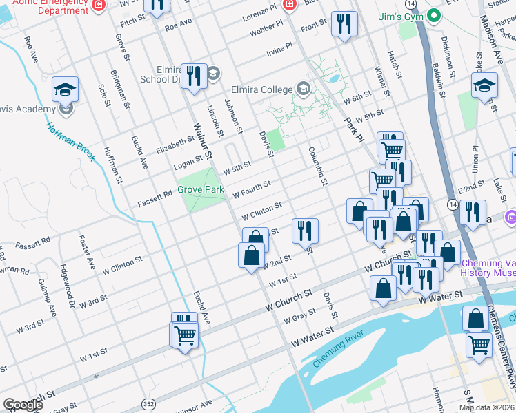map of restaurants, bars, coffee shops, grocery stores, and more near 427 West Clinton Street in Elmira