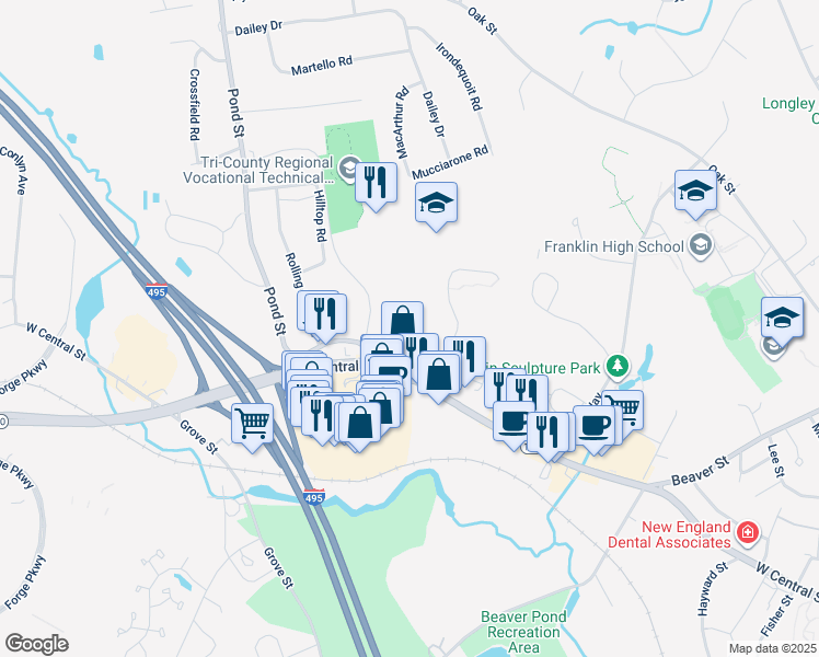 map of restaurants, bars, coffee shops, grocery stores, and more near 599 Old West Central Street in Franklin