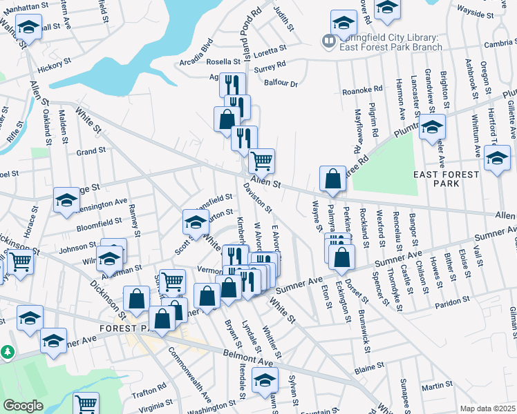 map of restaurants, bars, coffee shops, grocery stores, and more near 140 West Alvord Street in Springfield