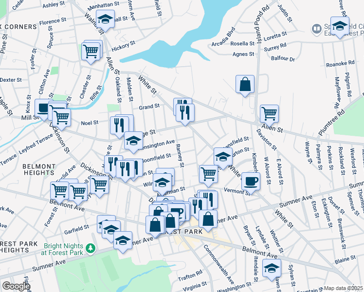 map of restaurants, bars, coffee shops, grocery stores, and more near 52 Ranney Street in Springfield