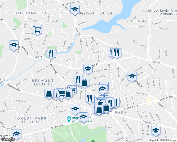 map of restaurants, bars, coffee shops, grocery stores, and more near 51 Kensington Avenue in Springfield