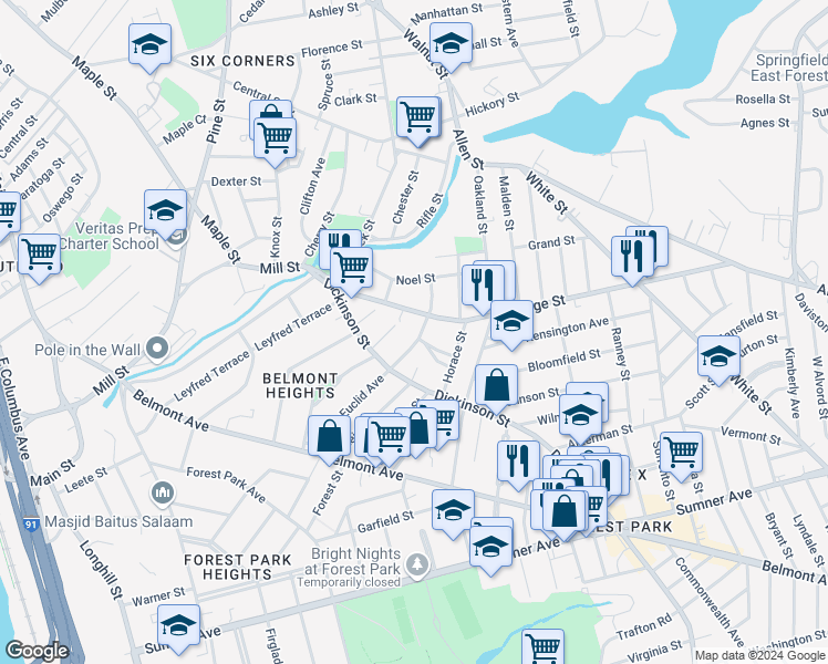map of restaurants, bars, coffee shops, grocery stores, and more near 160 Euclid Avenue in Springfield