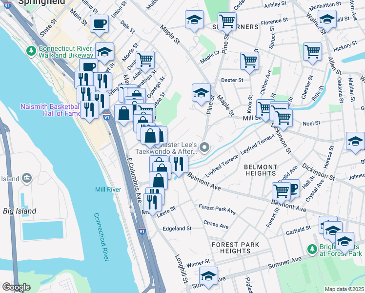 map of restaurants, bars, coffee shops, grocery stores, and more near 24 Warriner Avenue in Springfield