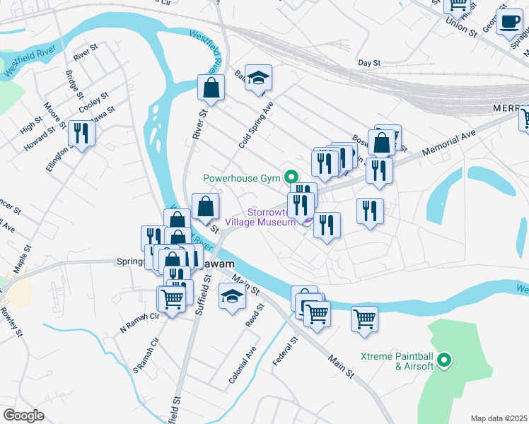 map of restaurants, bars, coffee shops, grocery stores, and more near 1539 Memorial Avenue in West Springfield