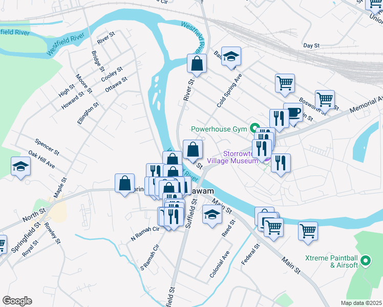 map of restaurants, bars, coffee shops, grocery stores, and more near 21 River Street in West Springfield