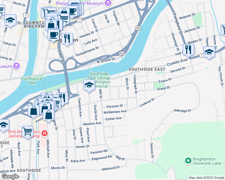 map of restaurants, bars, coffee shops, grocery stores, and more near 8 Carlton Street in Binghamton
