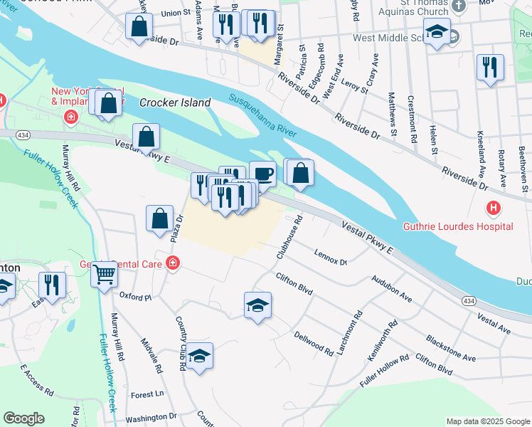 map of restaurants, bars, coffee shops, grocery stores, and more near 4704 Vestal Parkway East in Vestal