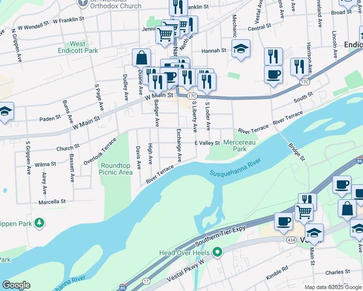 map of restaurants, bars, coffee shops, grocery stores, and more near 605 Exchange Ave in Endicott