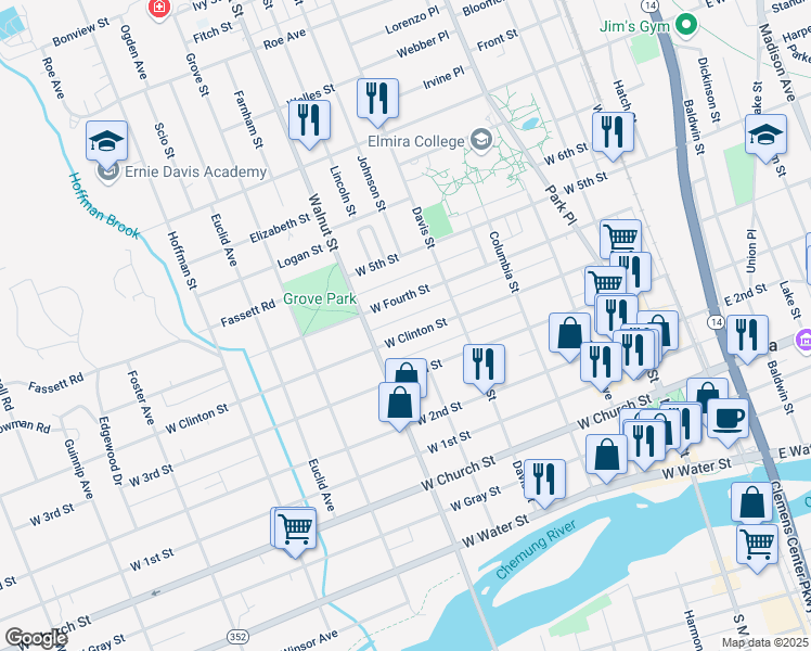 map of restaurants, bars, coffee shops, grocery stores, and more near 427 West Clinton Street in Elmira