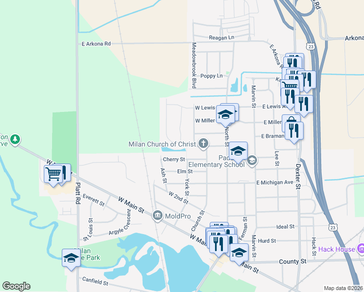 map of restaurants, bars, coffee shops, grocery stores, and more near 801 Primrose Lane in Milan