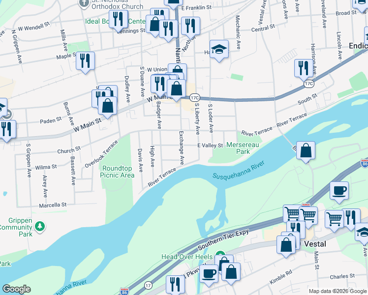 map of restaurants, bars, coffee shops, grocery stores, and more near 605 Exchange Ave in Endicott
