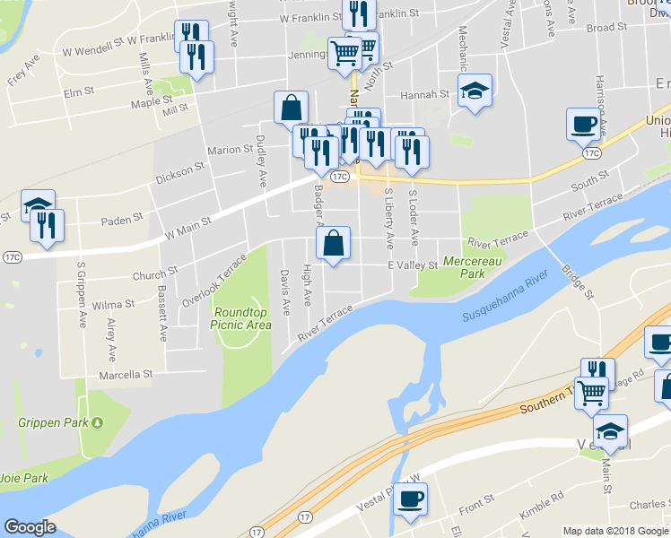 map of restaurants, bars, coffee shops, grocery stores, and more near 112 West Valley Street in Endicott