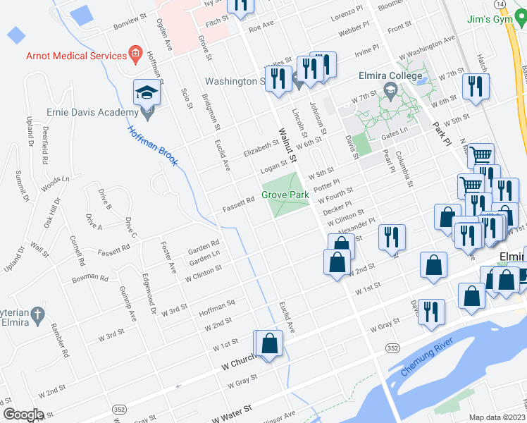 map of restaurants, bars, coffee shops, grocery stores, and more near 657 Grove Street in Elmira