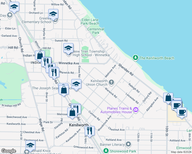 map of restaurants, bars, coffee shops, grocery stores, and more near 223 Melrose Avenue in Kenilworth