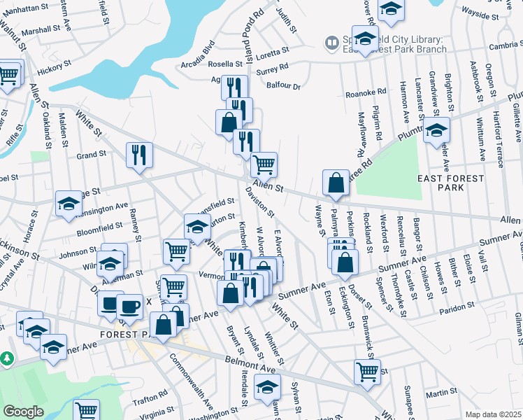 map of restaurants, bars, coffee shops, grocery stores, and more near 140 West Alvord Street in Springfield