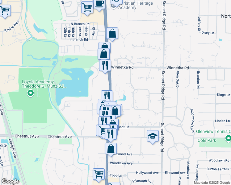 map of restaurants, bars, coffee shops, grocery stores, and more near 2029 Ammer Ridge Court in Glenview