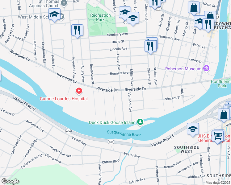 map of restaurants, bars, coffee shops, grocery stores, and more near 125 Riverside Drive in Binghamton