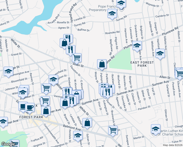 map of restaurants, bars, coffee shops, grocery stores, and more near 452 Allen Street in Springfield