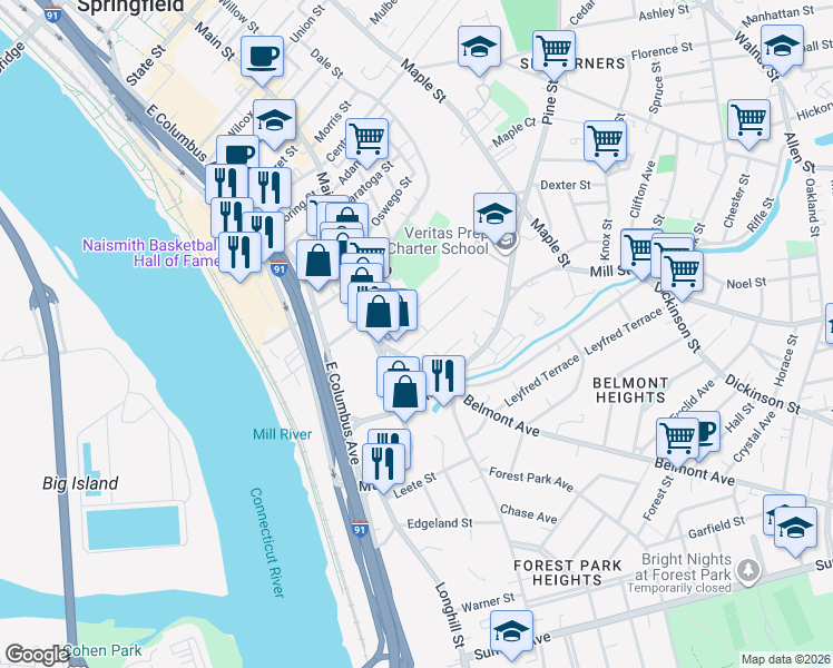 map of restaurants, bars, coffee shops, grocery stores, and more near 24 Palmer Avenue in Springfield