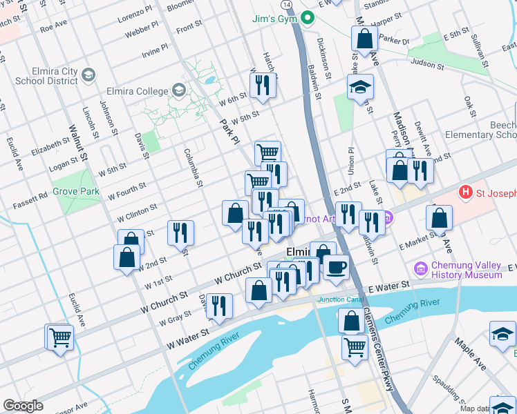 map of restaurants, bars, coffee shops, grocery stores, and more near 401 North Main Street in Elmira