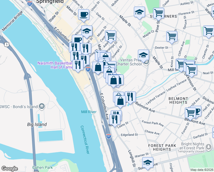 map of restaurants, bars, coffee shops, grocery stores, and more near 9 York Street in Springfield
