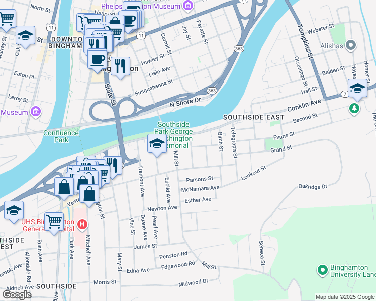 map of restaurants, bars, coffee shops, grocery stores, and more near 14 High Street in Binghamton
