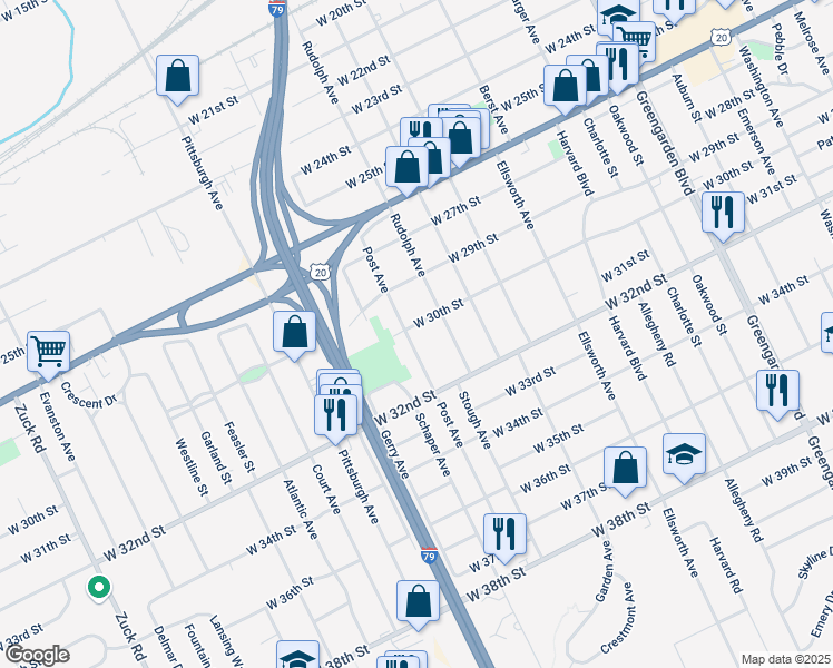 map of restaurants, bars, coffee shops, grocery stores, and more near 3003 Post Avenue in Erie